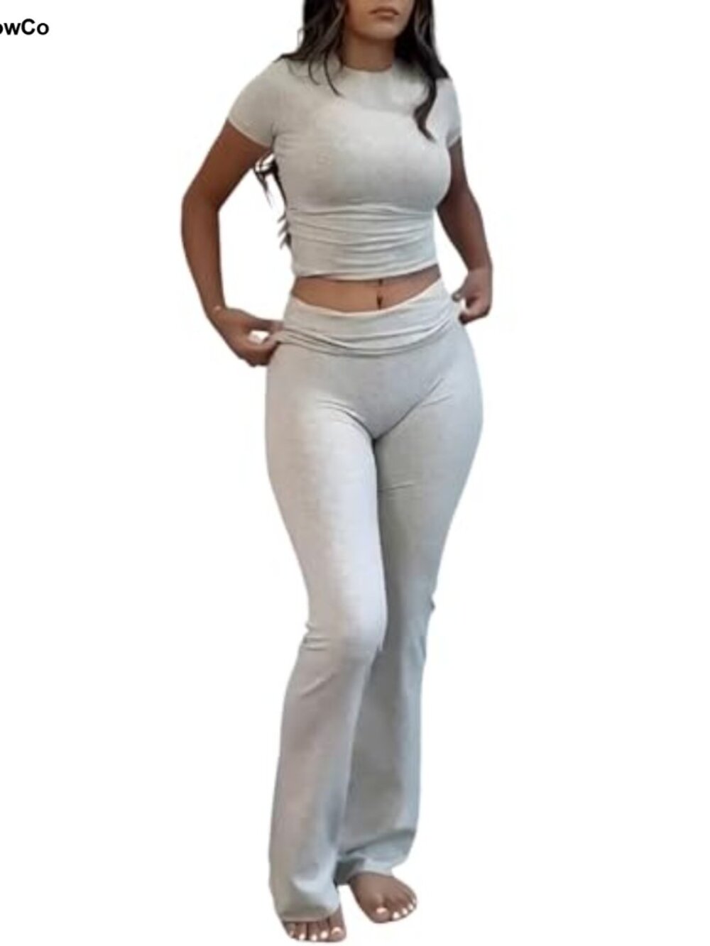 2 Piece Lounge Set Low Rise Flare Leggings Short Sleeve Top Viscose Spandex